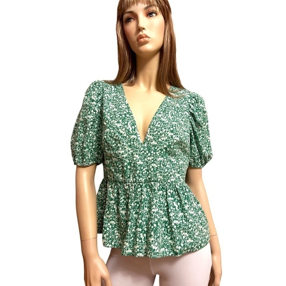 TOPSHOP Blouse Bitsy Green Floral Peplum Shirt Top Cutout Tie Back Plunge Neck - Picture 4 of 14